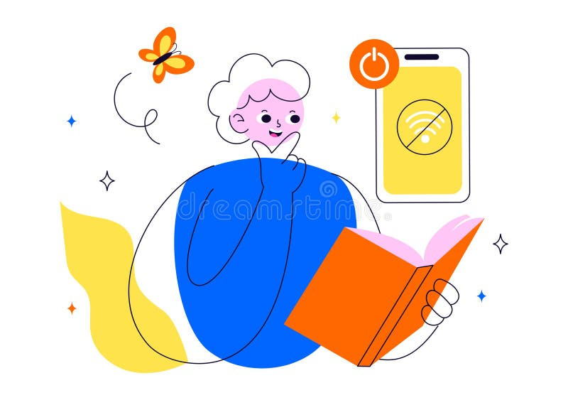Illustration of a person enjoying reading a book offline, symbolizing digital detox and focus away from online distractions